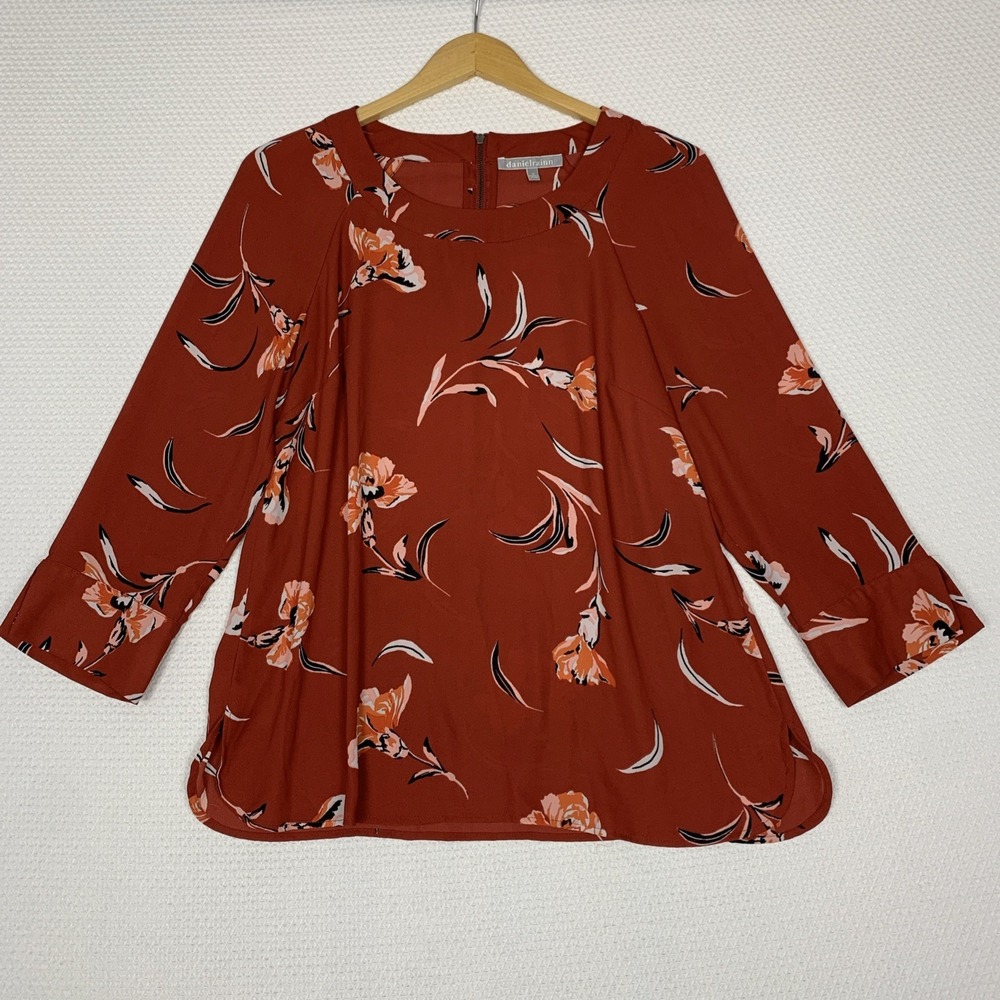 Daniel Rainn Floral Blouse Womens M Coral Orange Boho 3/4 Sleeve Back Zip Top
